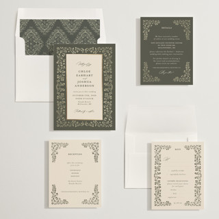 This is a sage foil stamped wedding invitations with foil pressed by Gwen Bedat called floral romance printing on signature in standard