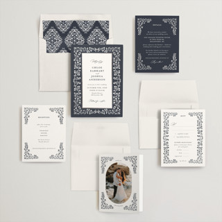 This is a sapphire foil stamped wedding invitations with foil pressed by Gwen Bedat called floral romance printing on signature in standard