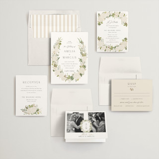 This is a porcelain foil stamped wedding invitations with foil pressed by Susan Moyal called garden whisper printing on signature in standard