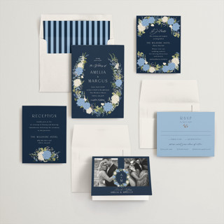 This is a marine foil stamped wedding invitations with foil pressed by Susan Moyal called garden whisper printing on signature in standard