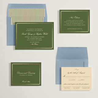 This is a olive foil stamped wedding invitations with foil pressed by Megan Davis called aperitif printing on signature in standard