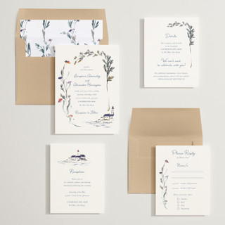 This is a deep sea foil stamped wedding invitations with foil pressed by Lucrecia Caporale called coastal bloom printing on signature in standard