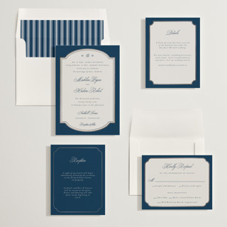 This is a sapphire foil stamped wedding invitations with foil pressed by Emily Betts called arch frame printing on signature in standard