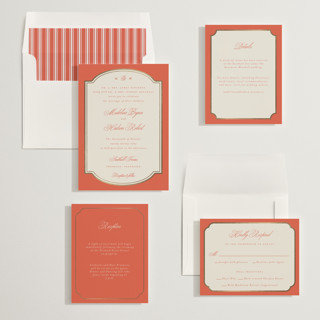 This is a sunset foil stamped wedding invitations with foil pressed by Emily Betts called arch frame printing on signature in standard
