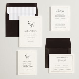This is a silk foil stamped wedding invitations with foil pressed by Kelly Schmidt called monogram script printing on signature in standard