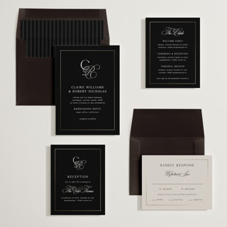 This is a midnight foil stamped wedding invitations with foil pressed by Kelly Schmidt called monogram script printing on signature in standard