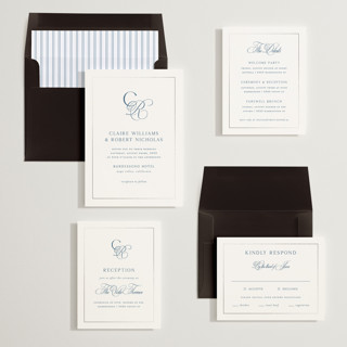 This is a ocean foil stamped wedding invitations with foil pressed by Kelly Schmidt called monogram script printing on signature in standard