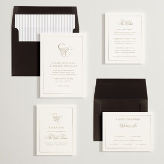 This is a golden foil stamped wedding invitations with foil pressed by Kelly Schmidt called monogram script printing on signature in standard