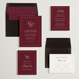 This is a vineyard foil stamped wedding invitations with foil pressed by Kelly Schmidt called monogram script printing on signature in standard