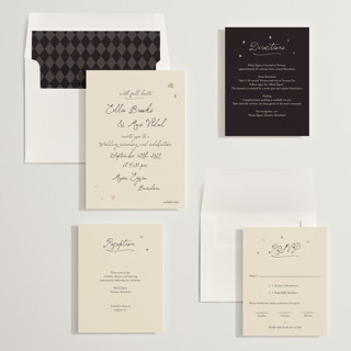 This is a noir foil stamped wedding invitations with foil pressed by Ani Somi called written in the stars printing on signature in standard