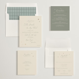 This is a sage foil stamped wedding invitations with foil pressed by Ani Somi called written in the stars printing on signature in standard