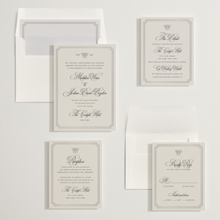 This is a greige foil stamped wedding invitations with foil pressed by Jennifer Lew called honeybee printing on signature in standard