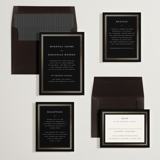 This is a black tie foil stamped wedding invitations with foil pressed by Wildfield Paper Co called hampton printing on signature in standard