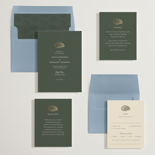 This is a moss foil stamped wedding invitations with foil pressed by Jennifer Lew called cove printing on signature in standard