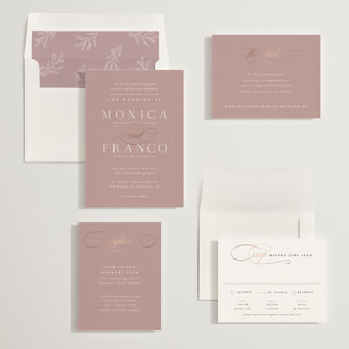 This is a dusty rose foil stamped wedding invitations with foil pressed by Hooray Creative called and centered printing on signature in standard