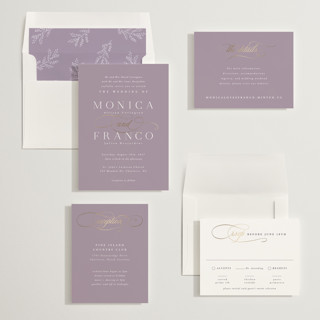 This is a orchid foil stamped wedding invitations with foil pressed by Hooray Creative called and centered printing on signature in standard