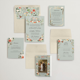 This is a mist foil stamped wedding invitations with foil pressed by Sarah Knight called fleur printing on signature in standard