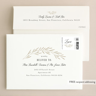 This is a classic white foil stamped wedding invitations with foil pressed by Kelly Schmidt called gilded leaves printing on signature in standard