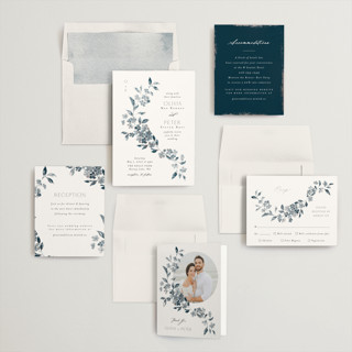 This is a prussian blue foil stamped wedding invitations with foil pressed by Itsy Belle Studio called sweeping vine printing on signature in standard