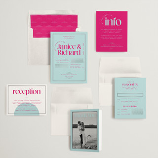 This is a dragon fruit foil stamped wedding invitations with foil pressed by Claudia Orengo called news! printing on signature in standard