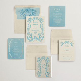 This is a cream blue foil stamped wedding invitations with foil pressed by Ani Somi called santa catalina printing on signature in standard