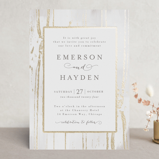 Gilded Woodgrain Foil Pressed Wedding Invitations By Melanie Gilded Woodgrain Rustic Bohemian Foil Pressed Wedding Invitations In Ice By