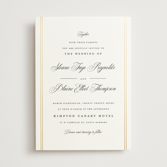 "Scripted Striped" - Foil-pressed Wedding Invitations in Silk by Carolyn MacLaren.