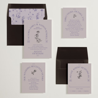 This is a wisteria foil stamped wedding invitations with foil pressed by Baumbirdy called floral type arch printing on signature in standard