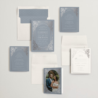 This is a lagoon foil stamped wedding invitations with foil pressed by Ana de Sousa called gilded nouveau frame printing on signature in standard