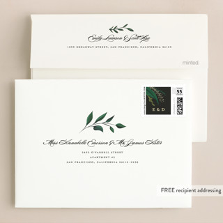 This is a midnight foil stamped wedding invitations with foil pressed by Susan Moyal called emerald leaves printing on signature in standard
