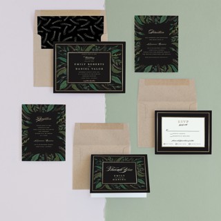 This is a midnight foil stamped wedding invitations with foil pressed by Susan Moyal called emerald leaves printing on signature in standard