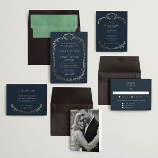This is a marine foil stamped wedding invitations with foil pressed by Susan Moyal called delicate vine printing on signature in standard