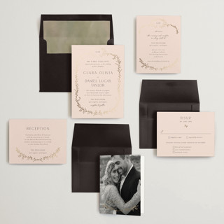 This is a blush foil stamped wedding invitations with foil pressed by Susan Moyal called delicate vine printing on signature in standard