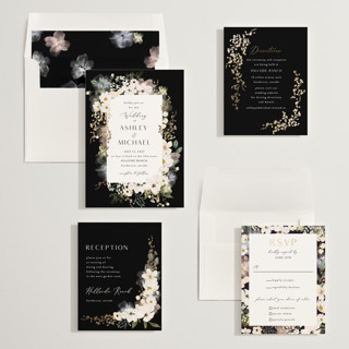 This is a tuxedo foil stamped wedding invitations with foil pressed by Susan Moyal called layered florals printing on signature in standard