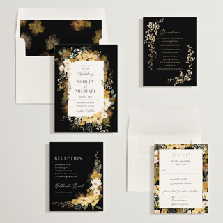 This is a sunshine foil stamped wedding invitations with foil pressed by Susan Moyal called layered florals printing on signature in standard