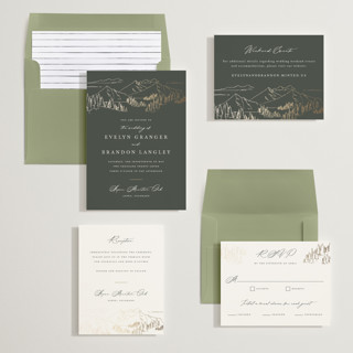 This is a hunter foil stamped wedding invitations with foil pressed by Sarah Brown called peaks printing on signature in standard