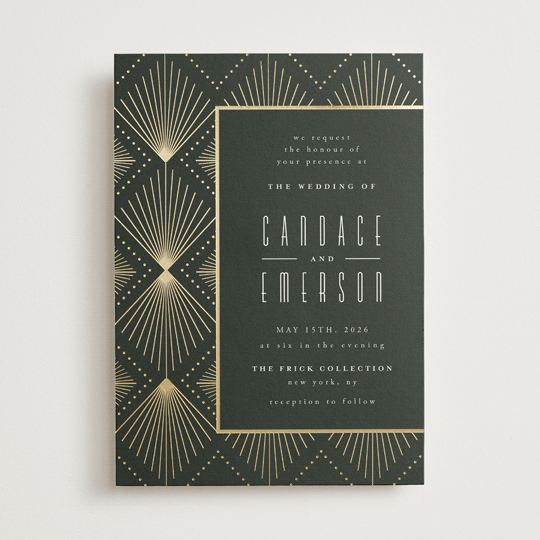 "Deco pattern" - Vintage Foil-pressed Wedding Invitations in Onyx by Ana de Sousa.