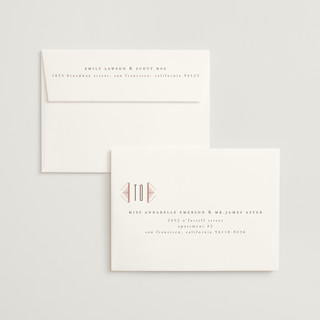 This is a plum foil stamped wedding invitations with foil pressed by Ana de Sousa called deco pattern printing on signature in standard