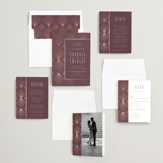 This is a plum foil stamped wedding invitations with foil pressed by Ana de Sousa called deco pattern printing on signature in standard