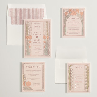 This is a blush pink foil stamped wedding invitations with foil pressed by Shiny Penny Studio called deco spring florals printing on signature in standard