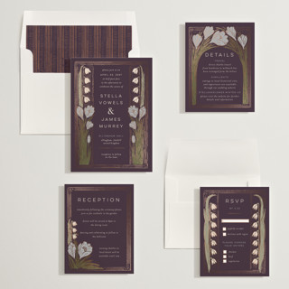 This is a plum foil stamped wedding invitations with foil pressed by Shiny Penny Studio called deco spring florals printing on signature in standard