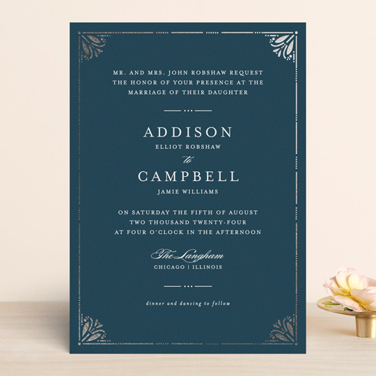 Victorian Frame Foil Pressed Wedding Invitations By Bethan Minted Victorian Frame Vintage Foil Pressed Wedding Invitations In Marine By Bethan