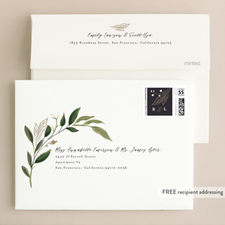 This is a midnight foil stamped wedding invitations with foil pressed by Susan Moyal called greenery crown printing on signature in standard