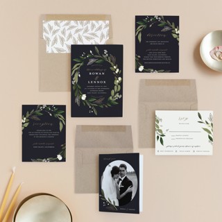 This is a midnight foil stamped wedding invitations with foil pressed by Susan Moyal called greenery crown printing on signature in standard