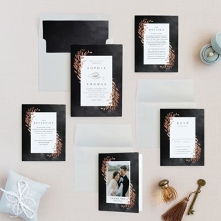 This is a pepper foil stamped wedding invitations with foil pressed by Stacey Meacham called lux branch printing on signature in standard