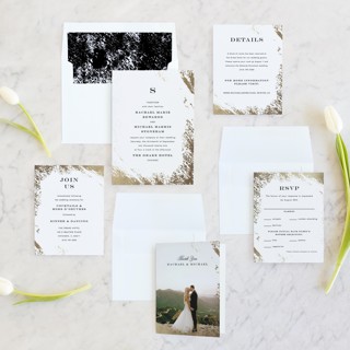 This is a ivory foil stamped wedding invitations with foil pressed by Kimberly FitzSimons called edgy charm printing on signature in standard
