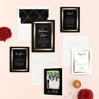 This is a midnight foil stamped wedding invitations with foil pressed by Stacey Meacham called brushy frame printing on signature in standard