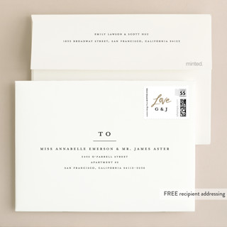 This is a cotton foil stamped wedding invitations with foil pressed by Stacey Meacham called lovely script printing on signature in standard