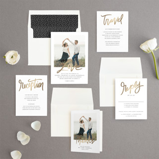 This is a cotton foil stamped wedding invitations with foil pressed by Stacey Meacham called lovely script printing on signature in standard