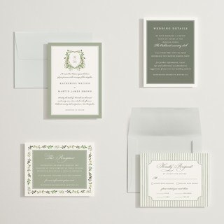 This is a sage petite wedding invitations with standard by Sarah Knight called greenery crest printing on signature in petite